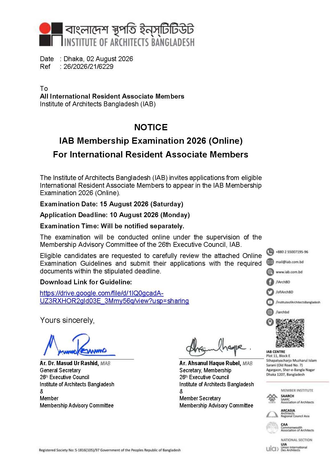 NOTICE IAB Membership Examination 2026 (Online) for International Resident Associate Members